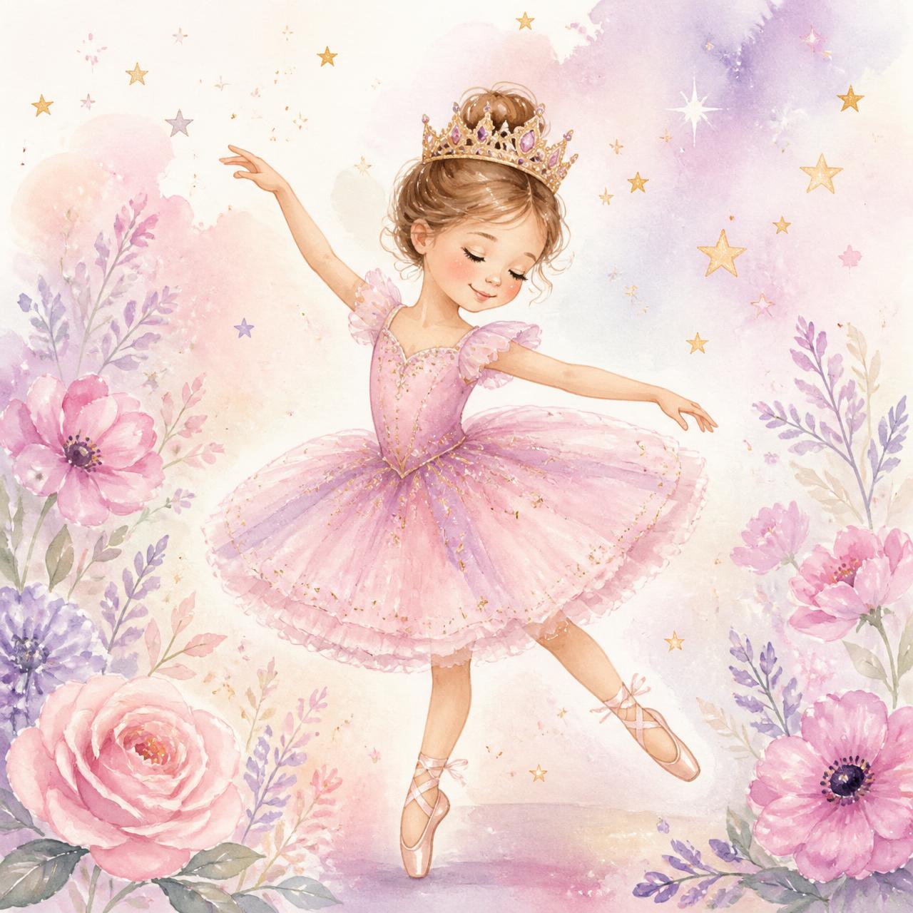 Ilustração em aquarela de uma bailarina princesa dançando entre flores rosa e lilás